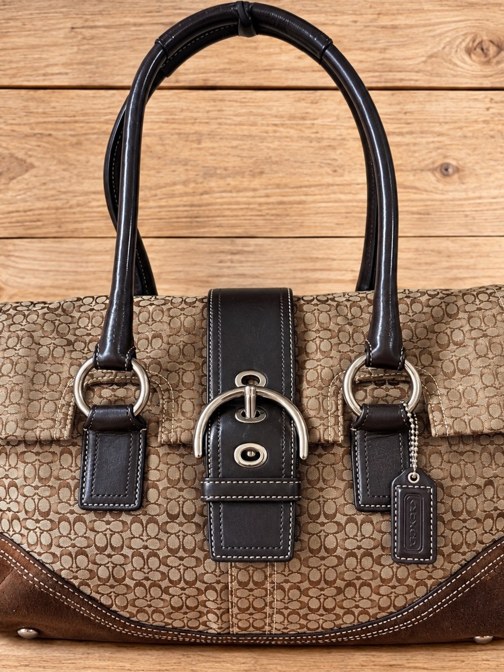 Coach Brown Signature Canvas Shoulder Bag with Dark Brown Leather Trim